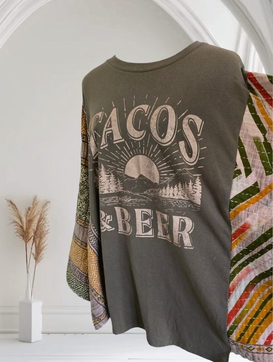 Upcycled Tacos & Beer Tee With Kantha Sleeves, OS - Picture 3 of 4